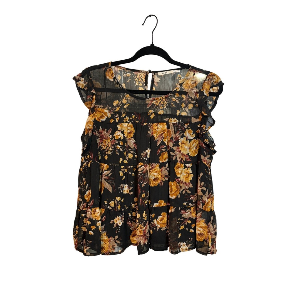Miโ Ami Women Black Floral Tiered Boho Blouse Ruffle Sleeve Size Large